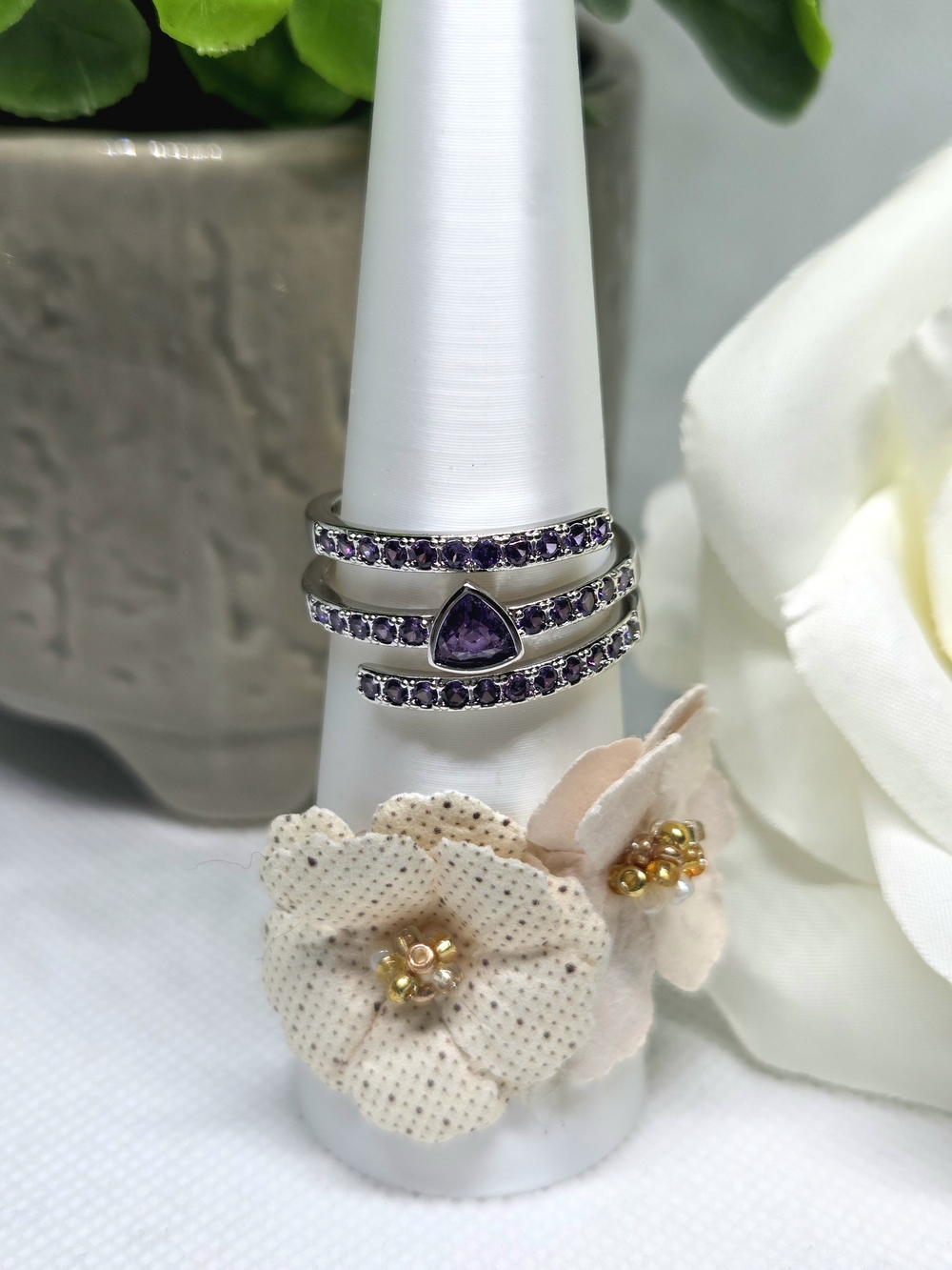 BP Amethyst Triple-Band Ring with Teardrop Stone On Rhodium Plating